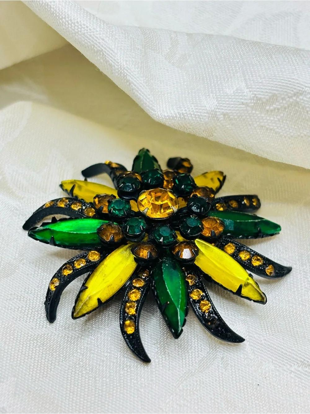 Vintage Selro Selini Brooch Amber Green Yellow Rhinestone